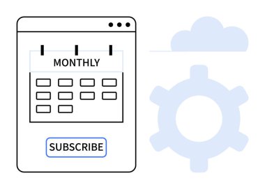 Bulut ve dişli simgesi eşliğinde aylık olarak abonelik düğmesiyle etiketlenmiş takvim. Abonelik modelleri, zamanlama, dijital hizmetler, otomasyon, yazılım yönetimi, bulut tabanlı sistemler için ideal