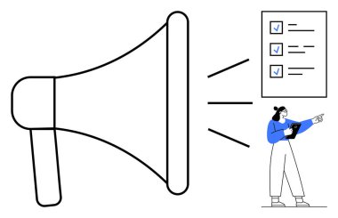 Büyük megafon, elinde tablet olan bir kadın onlara işaret ederken kontrol listesi yayınlar. Takım çalışması, iletişim, verimlilik, görev öncelikleri, duyurular, planlama veya basit bir iniş sayfası için ideal