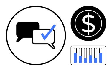 Üzerinde kontrol işareti olan konuşma baloncukları, çemberin içinde dolar işareti ve mavi röfleli bir bar çizelgesi. İletişim, finans, veri analizi, pazarlama, işletme, basit iniş sayfası planlama için ideal