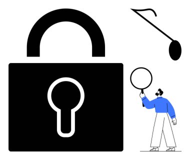 Yanında büyüteç tutan kişinin yanında büyük bir asma kilit, güvenliği, gizliliği, soruşturmayı, problem çözmeyi, analitiği, veri korumasını ve dijital güvenliği simgeliyor. Siber güvenlik için ideal basit