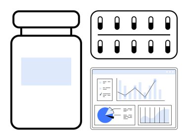 İlaç şişesi, su toplaması ve grafik ve grafiklerle dolu gösterge paneli. Sağlık, ilaç endüstrisi, tıbbi araştırma, veri güdümlü analiz, ilaç geliştirme ve hasta bakımı için ideal