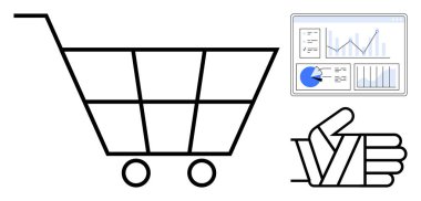 Alışveriş arabası ikonu, grafikli analitik çizelgeler, turta grafikleri, onay işareti. E-ticaret, perakende, çevrimiçi alışveriş, iş stratejisi, veri analizi, müşteri memnuniyeti basit iniş için ideal
