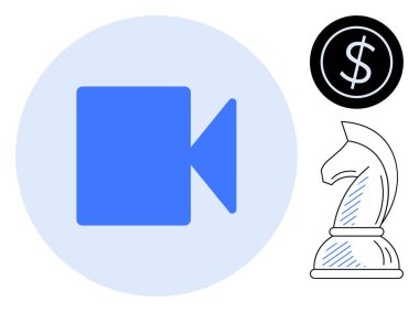 Bir çemberin içindeki mavi kamera, satranç şövalyesi ve dolar sembolü strateji, finansal büyüme ve multimedya kavramlarının altını çiziyor. Pazarlama, planlama, finansman ve analiz için ideal dijital ortam