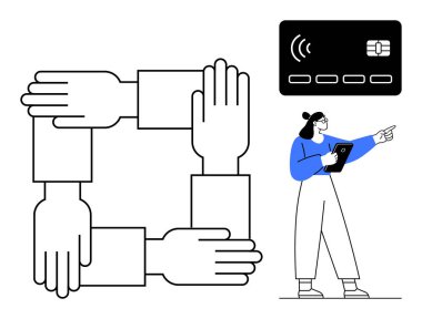 Birlikteliği simgeleyen birbirine kenetlenmiş eller, temassız ödeme kartı ve tabletli bir kadın. Takım çalışması, işbirliği, ödeme sistemleri, dijital yenilik, e-ticaret, iş stratejisi için ideal basit