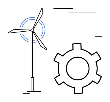 Rüzgâr türbini bir dişlinin yanında dönen bıçaklarla yenilenebilir enerji, sürdürülebilirlik ve mühendisliği temsil ediyor. Enerji, mekanik, teknoloji, çevre, yenilik eko tasarımı için ideal