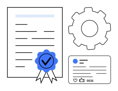 Damgalı bir sertifika belgesi, ayarlar veya sistemler öneren dişli simgesi, ve başparmaklı bir sosyal medya kartı ve bir avatar. Akreditasyon ve verimlilik için ideal