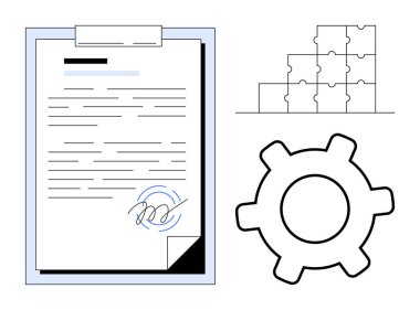 Panoda imzalı sözleşme, katman olarak istiflenmiş yapboz parçaları, vites sembolü. İş anlaşmaları, takım çalışması, strateji, sorun çözme, iş akışı, organizasyon sade metaforu için ideal