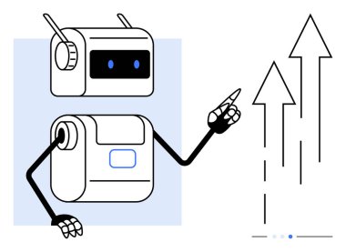 Yukarı bakan okları işaret eden robot büyümeyi, ilerlemeyi ve yeniliği vurguluyor. Teknoloji, otomasyon, ilerleme, yapay zeka, robot bilimi, dijital dönüşüm için ideal basit iniş sayfası