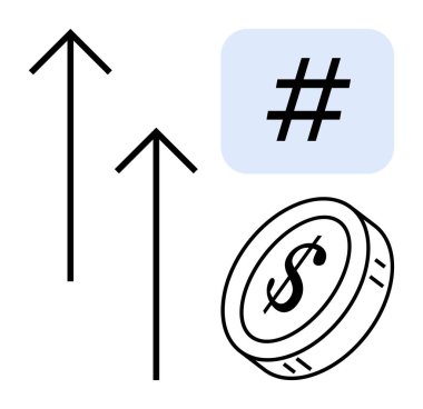 Yukarı bakan oklar, dolar sikkesi ve büyümeyi, sosyal medya varlığını ve ekonomik başarıyı gösteren meta veri etiketi sembolü. Finans, pazarlama, analitik, strateji iş eğilimleri için ideal