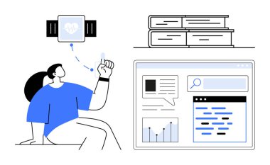 Otururken akıllı sağlık takibini kontrol eden kişi web analitik paneli, arama çubuğu ve istiflenmiş kitaplarla. Sağlık teknolojisi, eğitim, veri analizi, üretkenlik ve araştırma için ideal