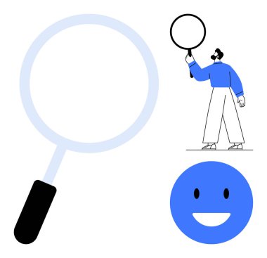 Solda büyüteç, dairesel nesne tutan kişi, altında gülen yüz simgesi. Analiz, keşif, gözlem, arama, odaklanma, basit iniş sayfalarını incelemek için ideal