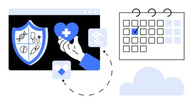 Tıbbi sembollü kalkanlar, el ele tutuşan kalp, işaretli takvim. Sağlık, sigorta, randevular, bakım planlaması, sağlık hizmetleri, koruma sade metaforu için ideal