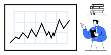Büyüyen çizgi grafiğini gösteren bir adam, bir yığın kitabın yanında pano tutuyor. Başarı, planlama, büyüme, analiz, gelişme, eğitim ve strateji için ideal. Düz basit metafor