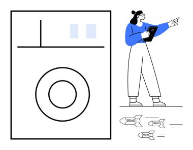 Elinde tablet olan ve DDoS tehditlerini izleyen bir kadın. Hedefler ve saldırılar görsel olarak temsil ediliyor. Siber güvenlik, teknoloji, ağ koruması, risk yönetimi, İnternet güvenliği için ideal