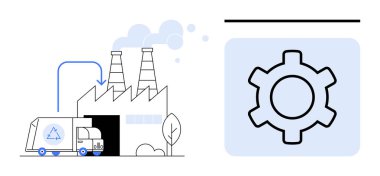 Sürdürülebilirliği, işlemleri, atık yönetimini veya imalatını temsil eden duman yığınları ve dişli ikonu olan bir fabrikanın yakınındaki geri dönüşüm kamyonu. Çevre, endüstri, geri dönüşüm ve teknoloji için ideal