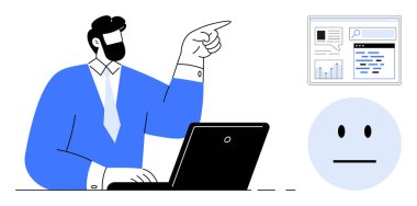 Tarafsız bir yüz ikonu eşliğinde, analitik gösterge paneline işaret ederken dizüstü bilgisayarda çalışan bir adam. Analiz, karar verme, işyeri etkileşimi, üretkenlik, iletişim, takım çalışması için ideal