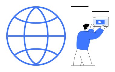 Elinde bir tablet tutan ve çalma düğmesi gösteren bir kişinin yanında geniş bir dünya çizgisi. Teknoloji, internet, küresel ulaşım, video akışı, dijital öğrenme, sanal iletişim, basit iniş için ideal