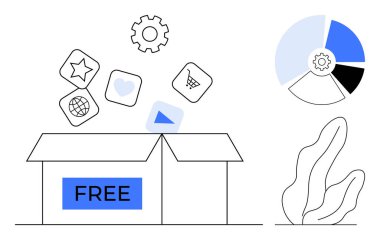 Çeşitli dijital simgelerin serbest bırakıldığı açık kutu, analitik çizelge ve bitki ile çevrili alışveriş arabası ve oyun düğmesi. Teknoloji, pazarlama, ürün tanıtımı, ücretsiz araçlar için ideal