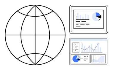 İstatistiksel çizelge ve grafikleri gösteren iki ekranlı dünya. Küresel eğilimler, pazar analizi, veri içgörüleri, iş stratejisi, finans, sunumlar, basit iniş sayfası için ideal