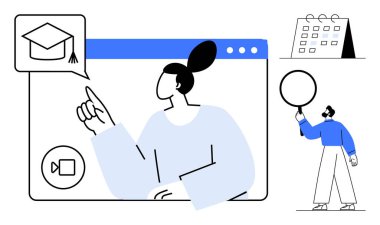 Çevrimiçi sınıf ayarları, videodaki mezuniyet şapkasını gösteren bir kişi, bir takvim ve tartışma ikonu tutan bir adam. Eğitim, e-öğrenim, sanal olaylar, çevrimiçi kurslar için ideal
