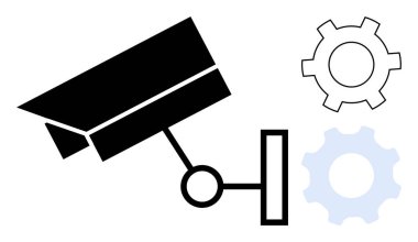 Gözetleme, teknoloji ve işletim süreçlerini sembolize eden iki vites simgesi ile birlikte siyah güvenlik kamerası. Konseptler için ideal güvenlik, izleme, otomasyon, sistem, verimlilik