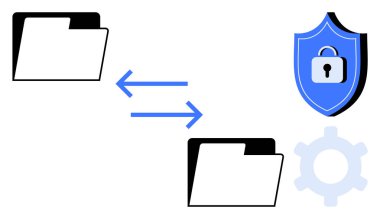 Oklara bağlı iki dizin veri transferini gösteriyor. Kilitli ve teçhizatlı kalkan şifrelemeyi, güvenliği ve sistem yapılandırmasını gösteriyor. Siber güvenlik, veri yönetimi ve dosya paylaşımı için ideal