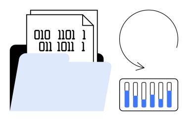 Dosya dizinini ikili kod belgeleri, dairesel ok ve veri analizi çubuğu grafiği ile aç. Veri yönetimi, dijital depolama, kodlama, analitik, dönüşüm, programlama için ideal