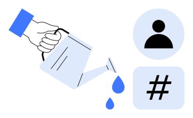 Profil ve meta veri simgelerinin yanına düşen damlalarla sulama tenekesinden su dökülüyor. Büyüme, gelişme, sosyal medya, izleyici oluşturma, strateji, pazarlama, basit iniş için ideal