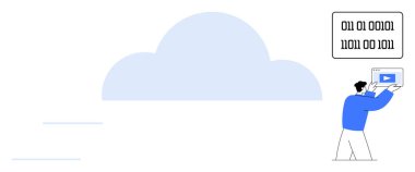 Merkezde, görsel olarak ikili kod olarak gösterilen verileri yükleyen bir kişi var. Bulut bilgisayarı, veri transferi, dijital depolama, siber güvenlik, programlama, bilişim hizmetleri için ideal