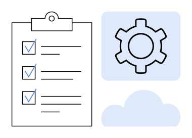 Tamamlanmış görevleri olan kontrol listesi, ayarları sembolize eden dişli ve dijital depolamayı temsil eden bulut. Üretkenlik, iş akışı, organizasyon, planlama, bulut hesaplama, görev otomasyonu için ideal basit