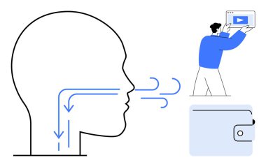 Hava akışı okları olan bir insan kafası profili, medya içeriği tutan kişi, kapalı cüzdan. Sağlık eğitimi, dijital dönüşüm, ödeme teknolojisi, çevrimiçi medya, mali güvenlik ve kullanıcı için ideal