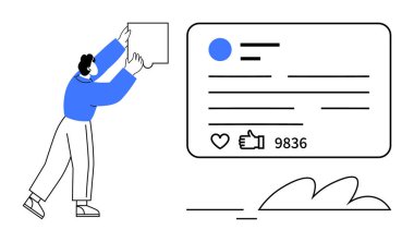Başparmakları, yorumları ve profil özellikleri olan boş bir meydanı sosyal medya postasının yanına kaldıran kişi. Sosyal medya girişimi, kullanıcı etkileşimi, pazarlama kavramları ve profil için ideal