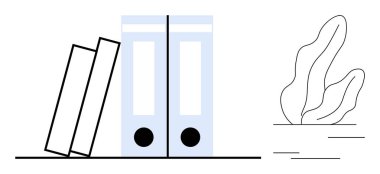 Düzenli mavi klasörler, eğik kitaplar ve soyut bitki dekorunun yanında. Organizasyon, belgelendirme, çalışma alanı tasarımı, minimalizm, üretkenlik, eğitim, basit iniş sayfası için ideal