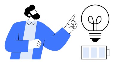 Sakallı adam parlayan ampul ve pil ikonunu gösteriyor, enerjiyi, yaratıcılığı, yeniliği, zekayı, üretkenliği, beyin fırtınasını ve sürdürülebilir düşünceyi temsil ediyor. Düz basit metafor