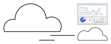 Analitik gösterge paneline doğru veri akışını sembolize eden çizgileri olan bulut simgeleri grafikleri ve grafikleri gösteriyor. Veri depolama, veri transferi, iş analizi, bulut hesaplama, dijital içgörü için ideal