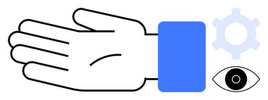 Açık el, göz ve dişli elementlerle dışa doğru uzanıyor. İşbirliği, vizyon, takım çalışması, yenilik, destek, koordinasyon ve operasyonlar için ideal. Düz basit metafor