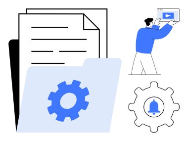 Teçhizatlı klasör, dosya belgeleri, elinde video ekranı olan adam, tebligat zili. İş akışı otomasyonu, üretkenlik, içerik paylaşımı, teknoloji, takım çalışması proje yönetimi için ideal basit