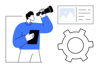 Teleskop kullanan kişi tablet, büyük vites simgesi ve dijital içerik penceresi kullanıyor. Strateji, yenilik, vizyon, problem çözme, liderlik, takım çalışması yaratıcı düşünce için ideal basit bir iniş sayfası