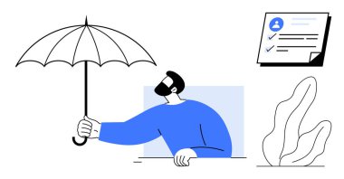 Şemsiyeyi tutan kişi güvenliği, organizasyonu ve büyümeyi simgeleyen bitki listesini öneriyor. İş, sigorta, güvenlik, planlama, risk yönetimi ve organizasyon için ideal