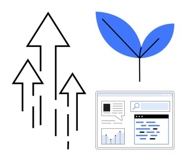 İlerleme için yukarı doğru oklar, ekolojik bilinç artışı için mavi yaprak ve web sitesindeki veri tablosu. Başarı, sürdürülebilirlik, analitik, yenilik, eko-ticaret, basit iniş sayfasını finanse etmek için ideal