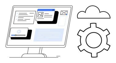 Masaüstü monitöründe e-postalar, dosyalar ve yakınında bulut ve teçhizat bulunan medya görüntüleniyor. Yazılım, bulut hesaplama, otomasyon, veri depolama, organizasyon, iş akışı basit iniş sayfası için ideal