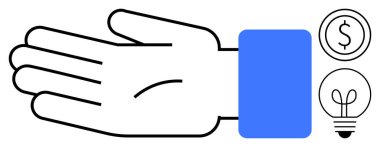 Bir dolar işaretinin yanına uzanmış el ve ampul ikonları desteği, yeniliği ve cömertliği sembolize ediyor. Hayırseverlik, finans, yatırım, fikirler, işbirliği, zenginlik paylaşımı için ideal
