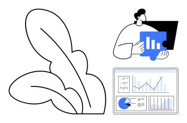 Grafikler ve yaprak çizimleri olan dijital panelin yanında, yapboz parçası olarak haritayı tutan kişi. Takım çalışması, veri yönetimi, problem çözme, analitik, eko-teknoloji, yaratıcılık ve basit iniş için ideal