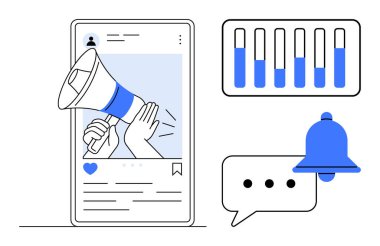 Akıllı telefon ekranından megafon çıkıyor, verileri gösteren grafikler, mesaj baloncuğu ve uyarı zili. Sosyal medya stratejisi, analitik, tebligat, pazarlama kampanyaları, iletişim için ideal