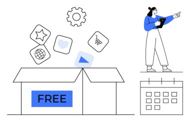 Dijital özellikleri temsil eden simgelerle etiketlenmiş açık kutu, son teslim tarihleri, kadın tableti tutuyor. Pazarlama, e-ticaret, planlama, abonelik, yenilik ve bütçe kullanımı için ideal