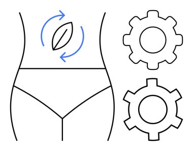Dönen yaprak ve vitesli basit insan vücut hatları. Sağlık, sağlık, sindirim, metabolizma, sürdürülebilirlik, denge, fitness programları ve basit bir iniş sayfası için ideal