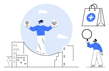 Binaların üzerindeki eğimli köprüde ampul ve tokalaşmayı dengeleyen bir kişi, alışveriş çantasının yanında büyüteç tutan bir diğeri. Yenilik, işbirliği, arama, perakende, odaklanma için ideal