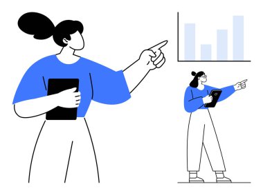 Elinde tablet olan bir kadın, verileri vurgulamak için bar tablosuna doğru hareket ediyor. İş, analitik, strateji, büyüme, eğitim, takım çalışması liderlik temaları için idealdir. Basit bir iniş sayfası için mükemmel