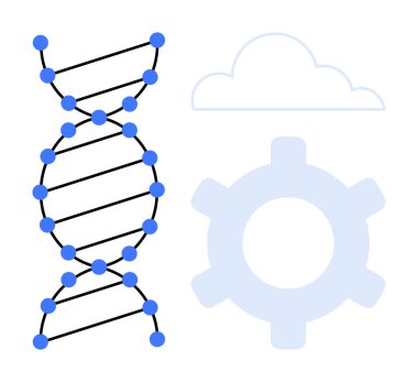 Bağlı düğümler, bulut silueti ve teçhizat sembolü teknolojiyi, genetiği ve işbirliğini vurgulayan DNA çift sarmalı. Bilim, teknoloji, yenilik, araştırma veri geliştirme için ideal
