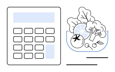 Brokoli, domates, limon dilimi dahil bir kase sebzenin yanında hesap makinesi. Beslenme, diyet, bütçe, yemek hazırlama, sağlıklı yaşam tarzı yemek tarifleri için idealdir. Düz basit metafor